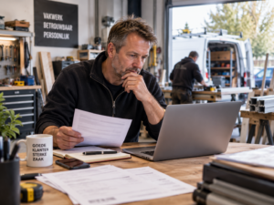 Ondernemer werkt achter zijn laptop in een werkplaats