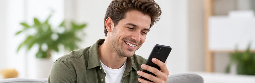 Klant leest glimlachend een betalingsherinnering op zijn telefoon