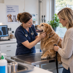 Dierenarts en eigenaar met een golden retriever in de praktijk
