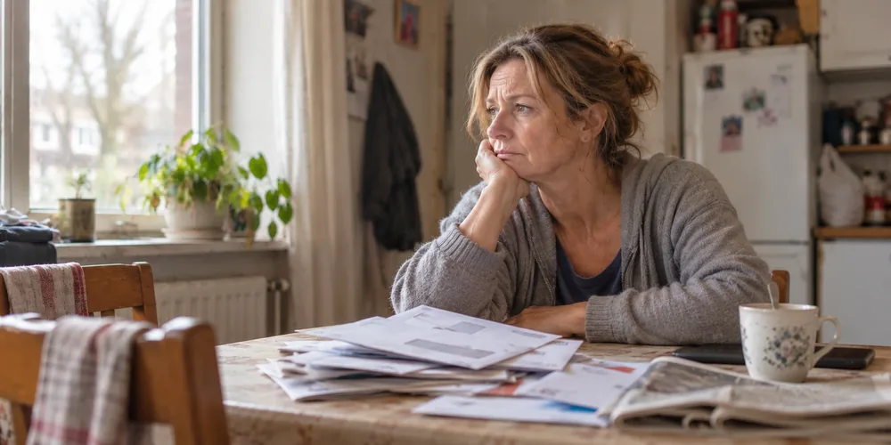 Vrouw zit aan de keukentafel met een stapel ongeopende post en kijkt berustend uit het raam