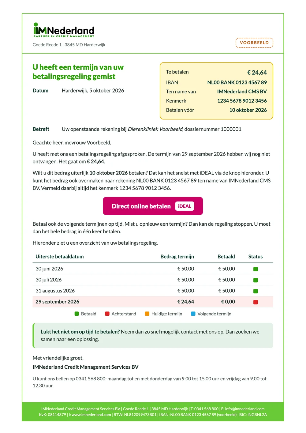 Voorbeeld van een brief van IMNederland over een gemiste termijn van een betalingsregeling, met het te betalen bedrag, de betaalgegevens, een knop om direct online te betalen en een overzicht van de termijnen.